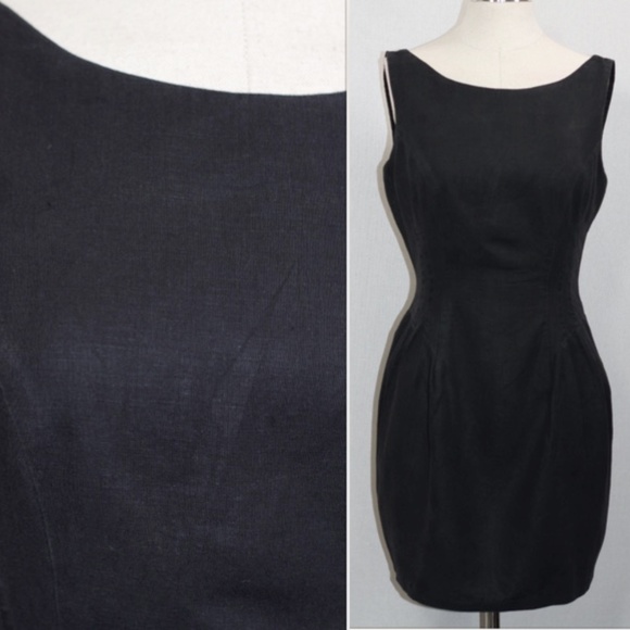 Carmen Marc Valvo Linen Black Dress - Picture 2 of 13